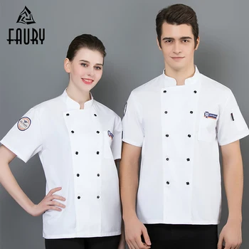 

2019 Unisex Chef Restaurant Hotel Uniform Short Sleeves Summer Breathable Chef Jacket Men Women Kitchen Food Service Overalls