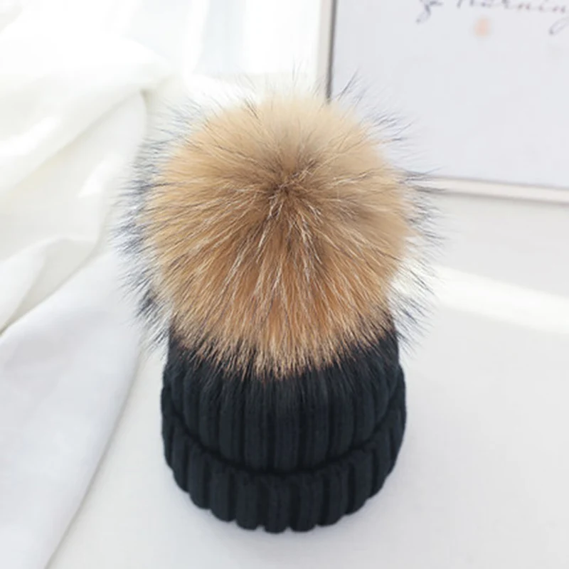 Real Fur Hat Knitted Real fox hair bulb Pom Pom Hat Women Winter Hat Unisex Kids Warm with wool Chunky Thick Stretchy Knit hat - Цвет: mink  black