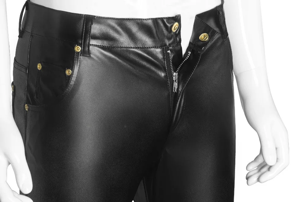 Новые мужские эластичные брюки из искусственной кожи, черные облегающие брюки для езды на мотоцикле, для танцевальной вечеринки, байкерские кожаные брюки для мужчин