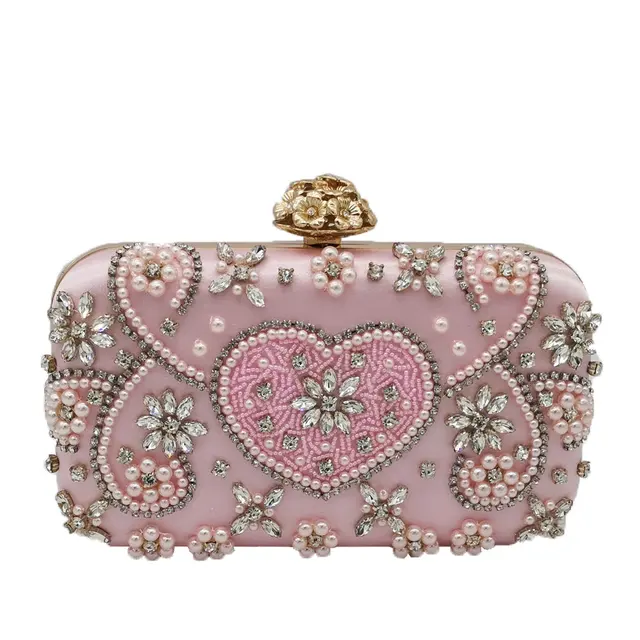 Boutique De FGG Vintage Pink Beaded Clutch Women Evening Bags Heart