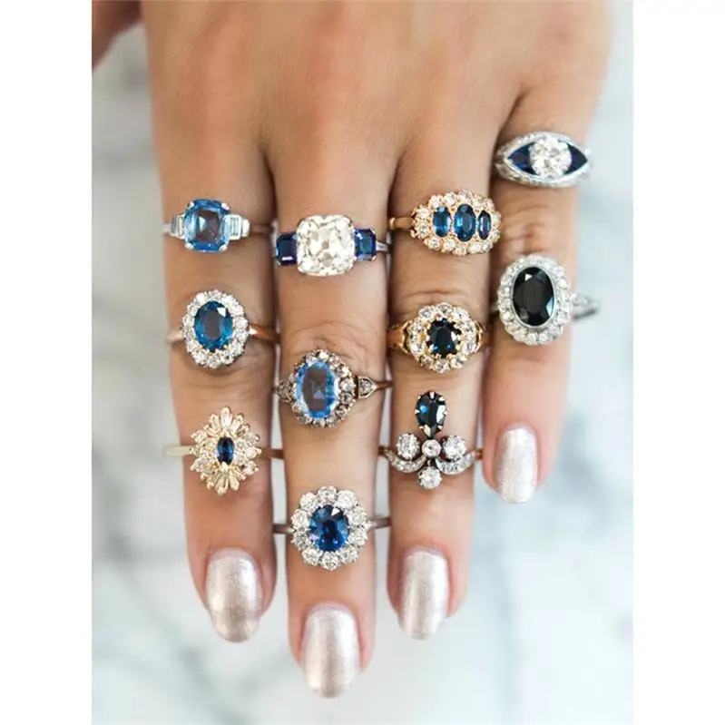 Для женщин кольца изысканный круглый квадратный геометрический Синий Кристалл Серебряное, Золотое кольцо комплект обручальные ювелирные изделия аксессуары - Цвет основного камня: Wedding ring