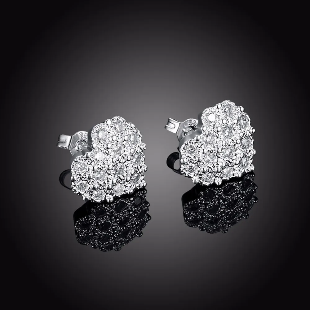 

100% 925 pure silver plated Earring Fashion Cute Tiny Clear CZ Heart Stud Earrings Gift For School Girls Kids Lady