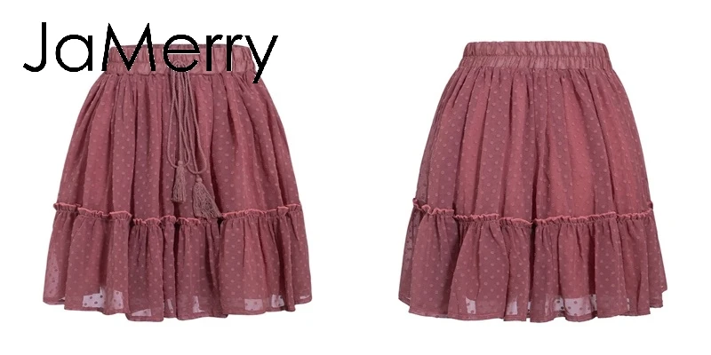 JaMerry, Boho, с принтом, мини, короткая, для женщин, юбка с высокой талией, в горошек, с кисточками, трапециевидная, летняя, праздничная, юбка, сексуальные, с оборками, пляжные юбки