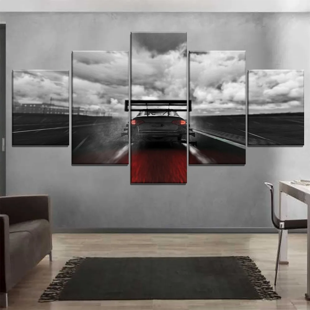 

Modern Artwork Canvas Painting On The Wall Decor Framework Print Type 5 Panel Sky Cloud Motion Blur Race Car Picture Home Decor