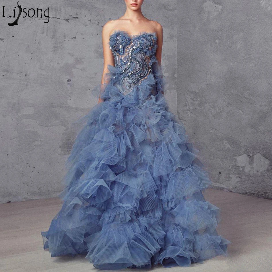

2019 New Chic Ruffles Prom Dresses Off the Shoulder Beaded Crystals Unique Long Evening Gowns Blue Zipper Back Robe de soiree
