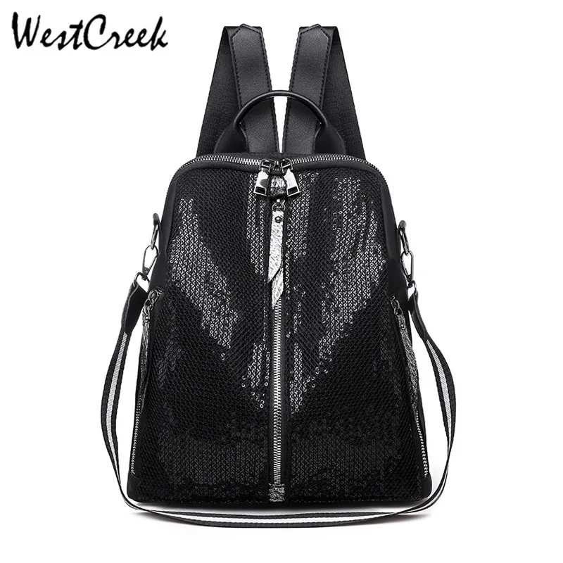 

WESTCREEK Brand Sequin Backpack Women Shoulder Purse Bag Lady Black Bagpack