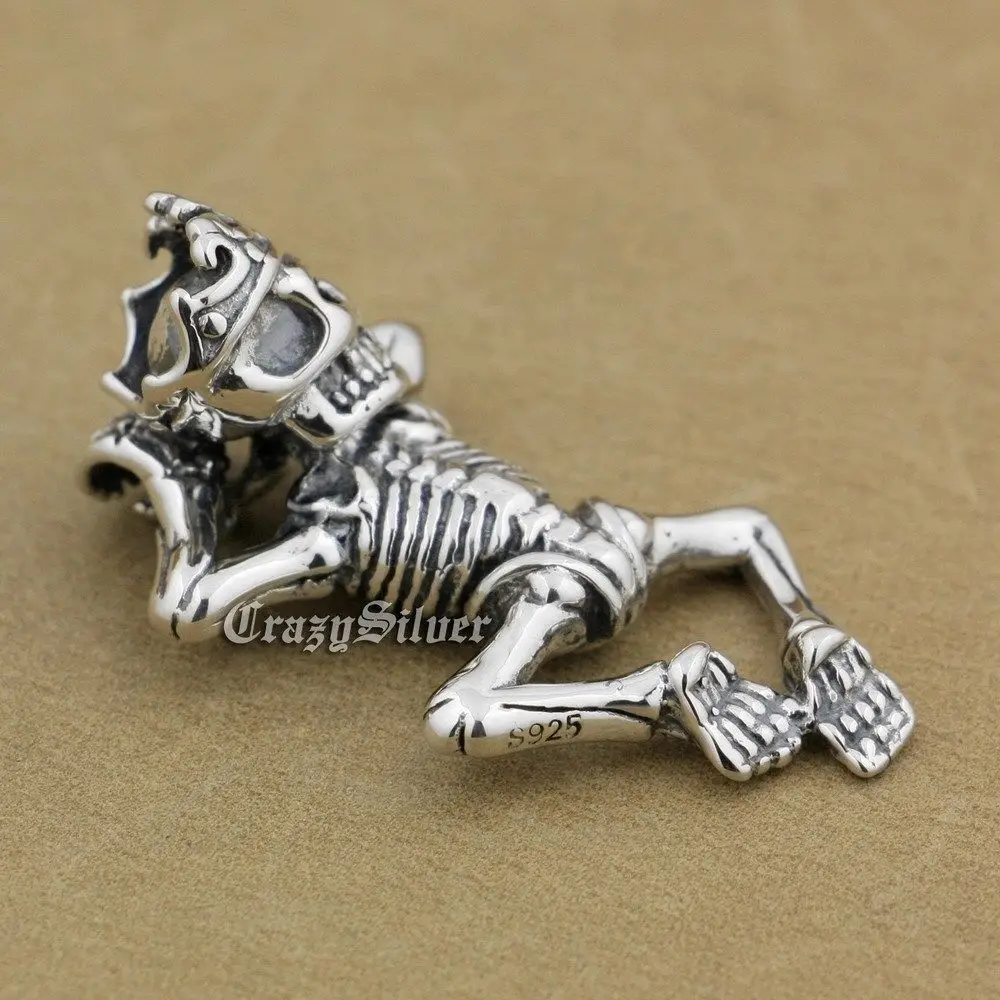 

925 Sterling Silver Crawling Skull Crown On Head Mens Biker Rocker Punk Pendant 9V006 Just Pendant