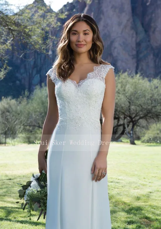 

V-Neck Sheath Wedding Dress with Lace 2019 Gowns Open back Court Train Bridal Dress Vestido De Noiva Wedding