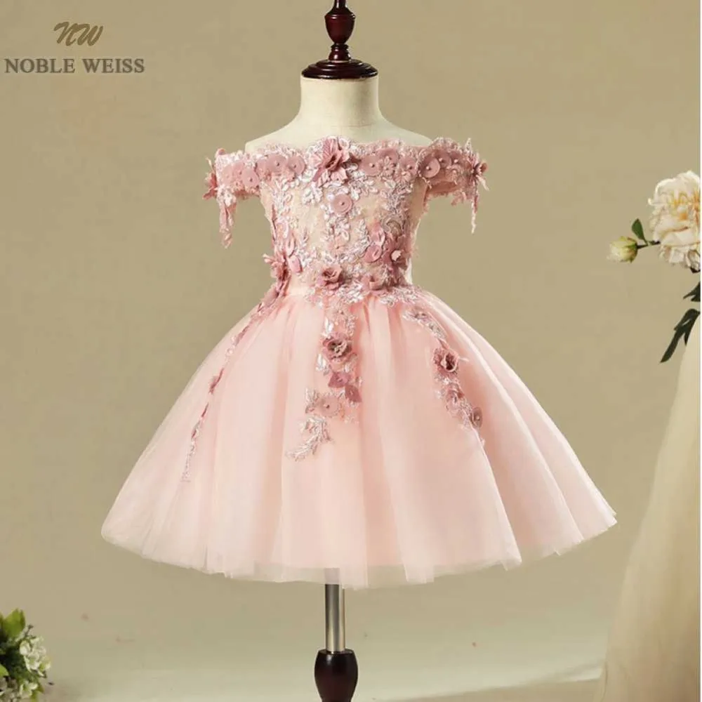 

NOBLE WEISS Tulle Pageant Dresses for girls Boat Neck Formal Knee-Length Appliques Flower Customize New Style Flower Girl Dress