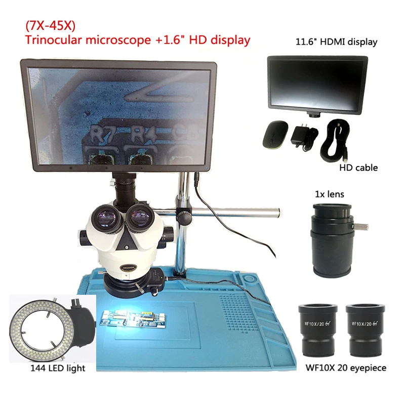

New 11.6-inch HDMI tablet industrial digital microscope for maintenance 7X-45X trinocular stereo microscope +144LED lamp