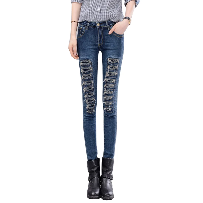 

2017 New Spring Jeans with High Waist Sexy Fashion Jeans for Women Hole Feet Pencil Denim Pants Large Size Jean Femme Tide FL372