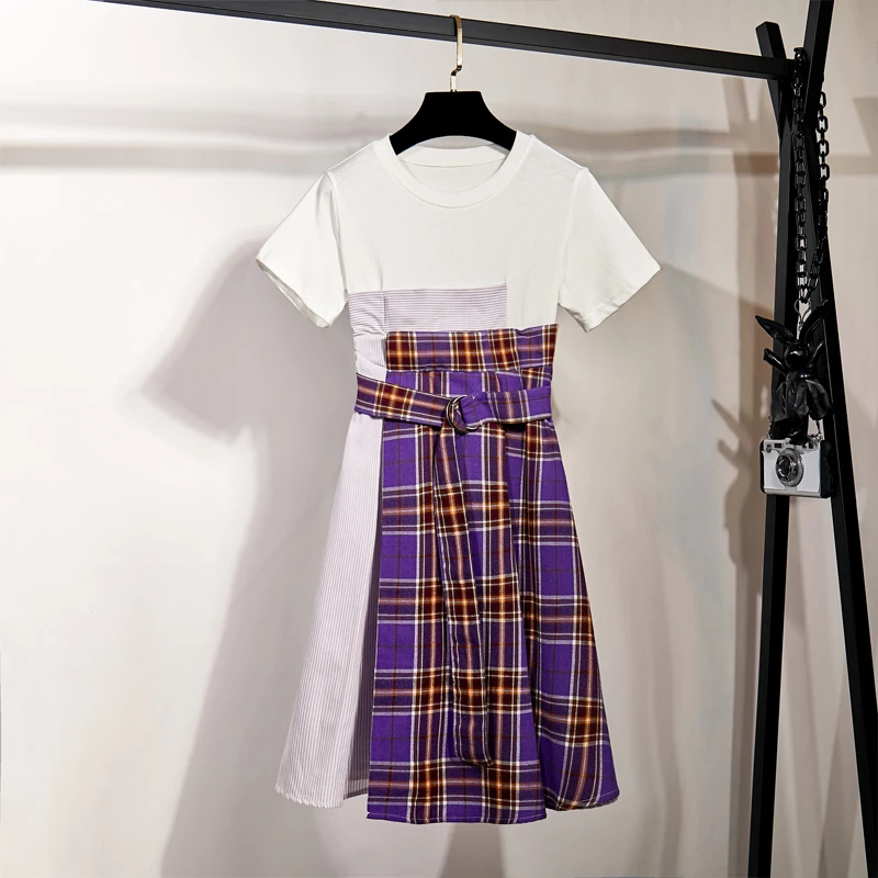 

Korean Style 2019 Summer Women Short Sleeves O Neck Patchwork Plaid A Line Dress Female Casual Dresses A1623
