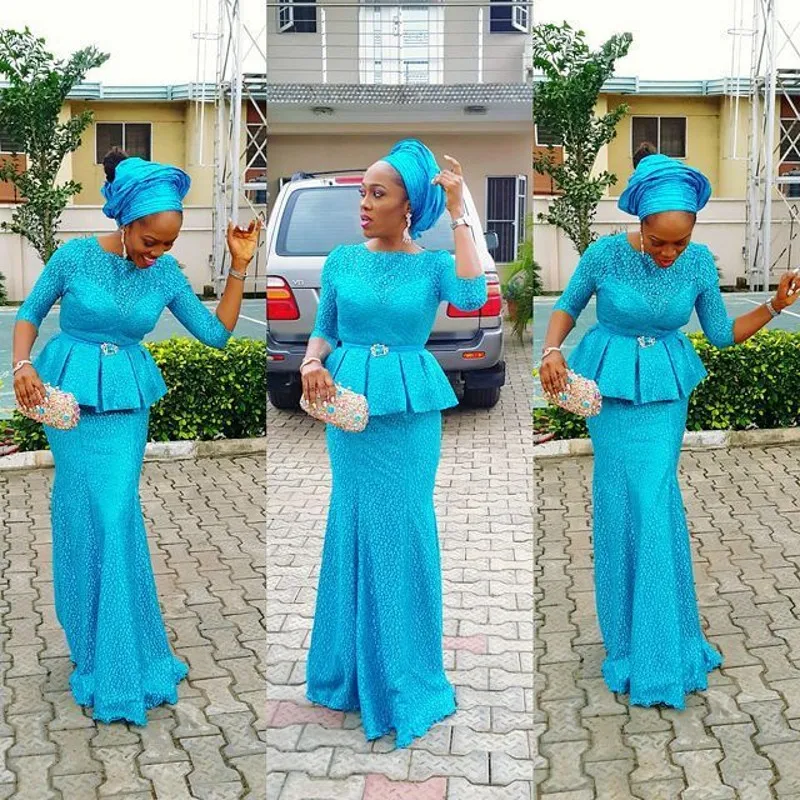 Gorgeous Sky Blue Mermaid Evening Dress Long Nigeria African Style Robe de soiree Half Sleeve Abendkleider 2017 Prom Party Dress