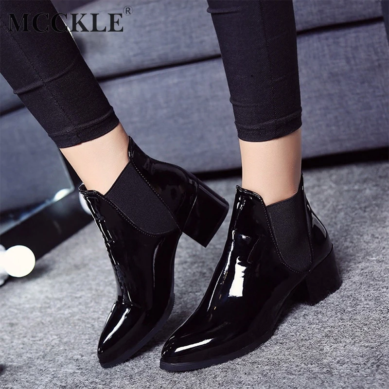 

MCCKLE Patent Leather Boots Warm Winter Women Elastic Band Ankle Boot Fashion Female High Square Heel Pointed Toe Chelsea Botas