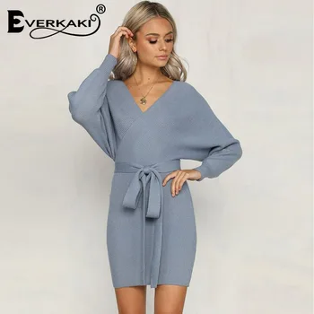 

Pure Color Knitted Tied Long Sleeve Casual Dress In Autumn and Winter of 2019 Sexy Fashionable V-neck Knitted Dress The Dress