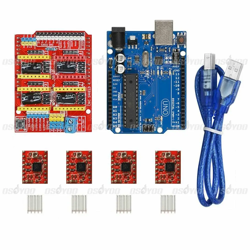 CNC Shield Expansion Board + UNO R3 Board + Stepper Motor Driver A4988 With Heatsink Kits for Arduino 3D Printer Free Shipping