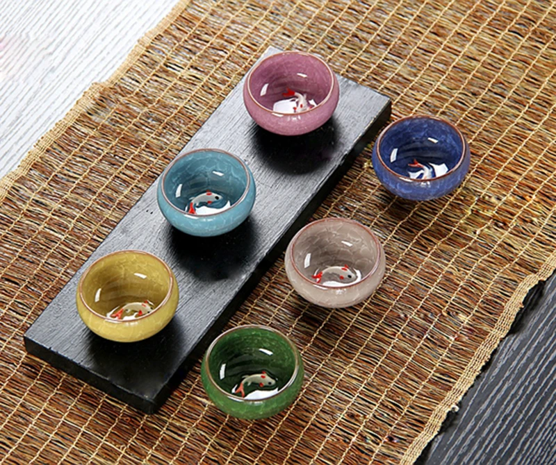 Hot Sale! 6pcs Ceramic Golden Fish China tea set Kung Fu Tea Cup Set Crackle Glaze Travel Tea Bowl Chinese Porcelain Teacup Sets