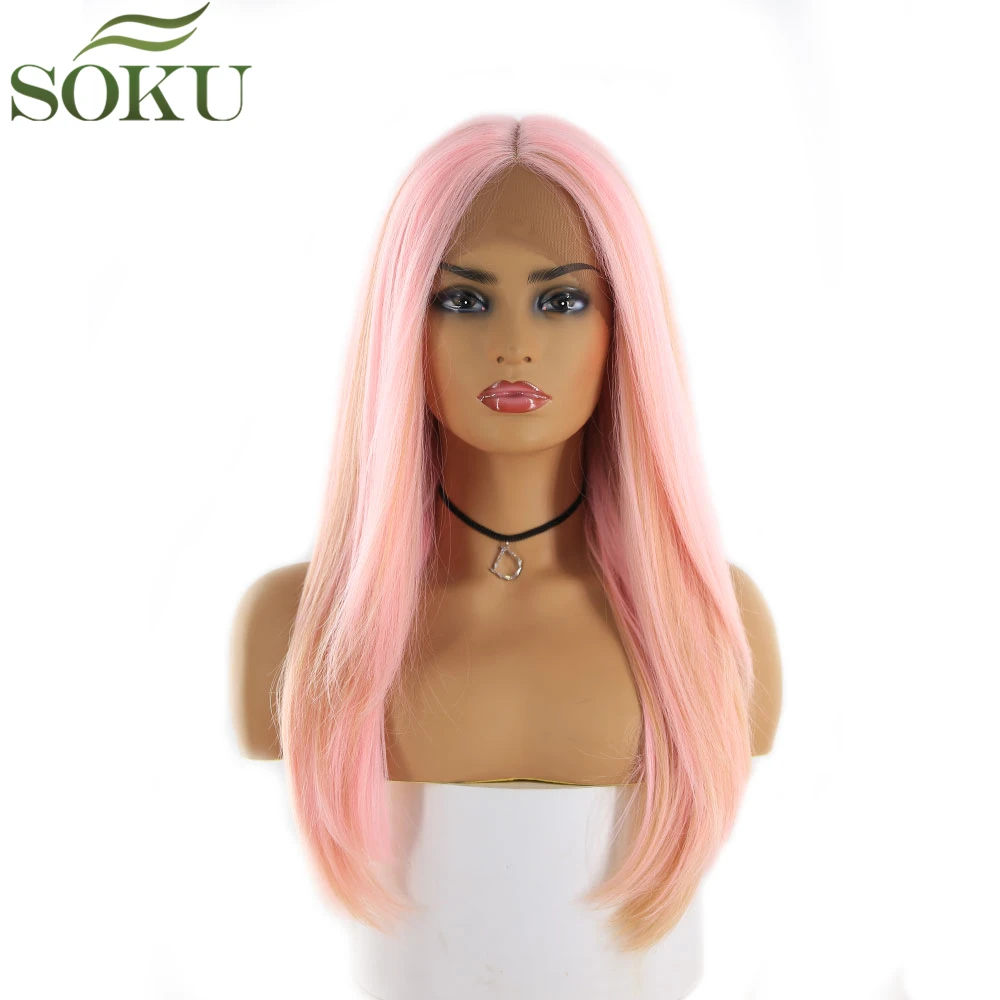 SOKU Pink Color Synthetic Lace Front Wigs For Black Women Middle Part Wig 130% Density Glueless High Temperature Fiber Wigs