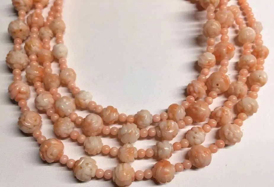 

1021 Chinese Genuine Natural Angel Skin Coral Bead Necklace Carved Dragons
