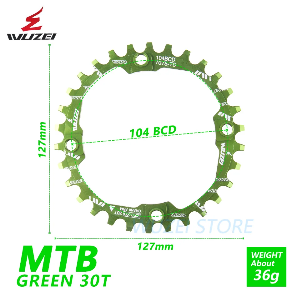 WUZEI велосипедная кривошипная Звездочка 30T 104BCD велосипедная круглая узкая широкая Ультралегкая 7075-T6 MTB велосипедная цепь круглая шатунная пластина - Цвет: green