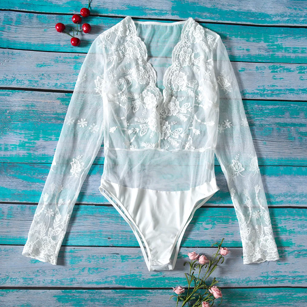 summer lace bodysuit long sleeve mesh women jumpsuit black Romper snap bottom button one piece body ladies