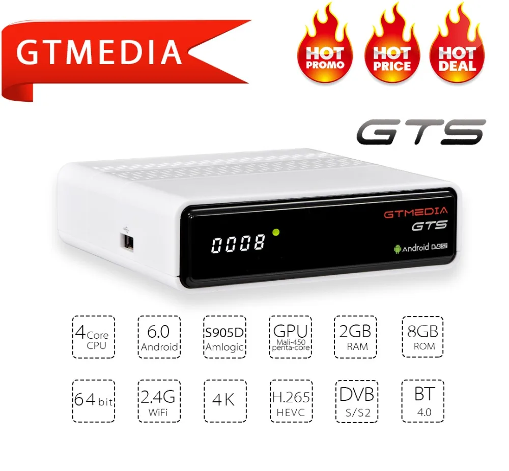 GTmedia freesat декодер DVB-S2 Android 6,0 Смарт ТВ коробка S905d 4 ядра 2 ГБ 8 ГБ GTS 4 K Media player dvb s2, Wi-Fi, BT4.0 cccam ip ТВ