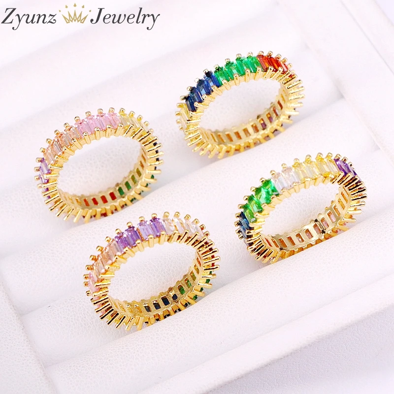 

10PCS, Micro Pave CZ Rainbow Rings Zirconia Crystal Jewelry Gold Color Colorful CZ Finnger Rings For Women Girls