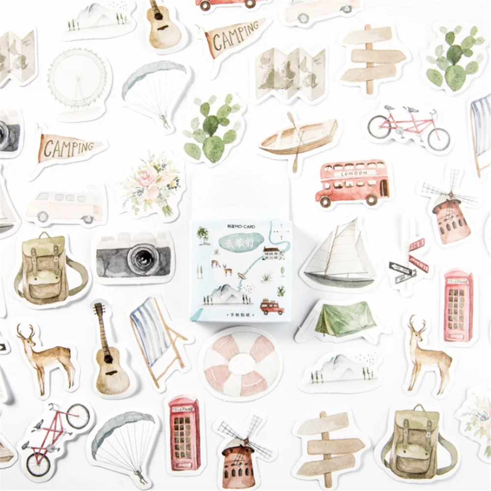 

45pcs Go on A Journey Paper Stickers Cute Stationery DIY Scrapbooking Decorations Self Adhesive Seal Lables Gift Tags