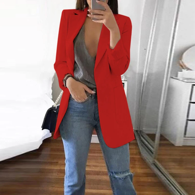 

Women Coat Spring Fall Casual Solid Thin Slim Fit Lapel Pocket Cardigan Business Suit Coat