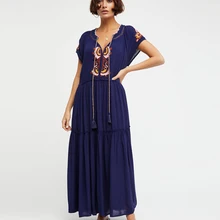 С v-образным вырезом Красочные вышивка богемное Макси платье женские кисточки короткий рукав летние повседневные пляжные платья Vestidos