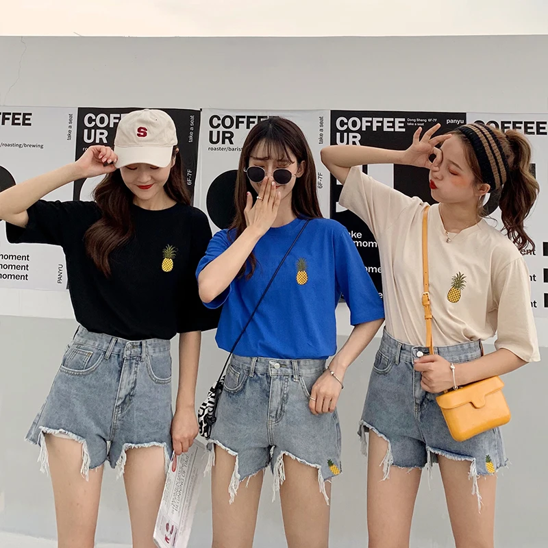 Корейский кавайный мультфильм печатных футболка для женщин досуг свободные короткий рукав универсальные футболки harajuku ulzzang уличная одежда белые топы