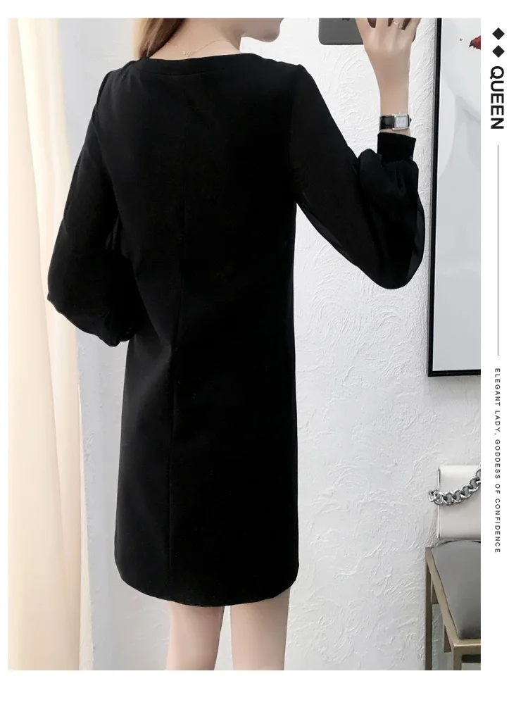 XL-5XL размера плюс элегантное платье женская одежда весна расшитое бисером кисточка v-образный вырез шифон длинный рукав лоскутное черное платье