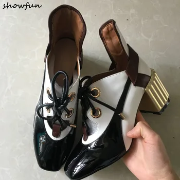 

Women's genuine patent leather mix color lace-up pumps brand designer retro vintage comfortable thick high heeled shoes women