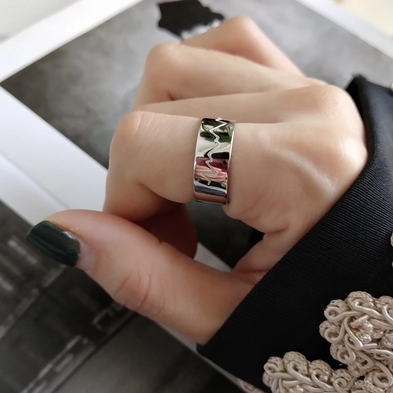 

LouLeur 925 sterling silver ripple glossy rings silver original creative design elegant open rings for women charm jewelry gift