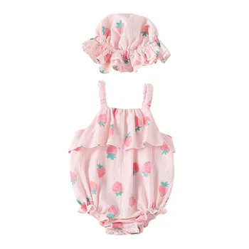 

Lovely Newborn Infant Baby Girl Rompers Summer Straps Strawberry Print Romper SunsuitHat Bodysuit Jumpsuit Clothes Sunsuit