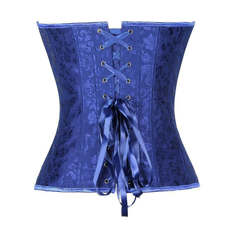 Dark Blue Overbust Corset Top Floral Brocade Lace Up Bustier Sexy Plus Size Lingerie Slim Shapewear Underwear Fancy Party Outfit (3)