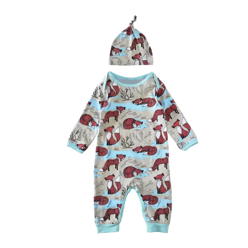 Newborn Baby Rompers+Hat 2017 Autumn Cartoon Animal Fox Infant Rompers