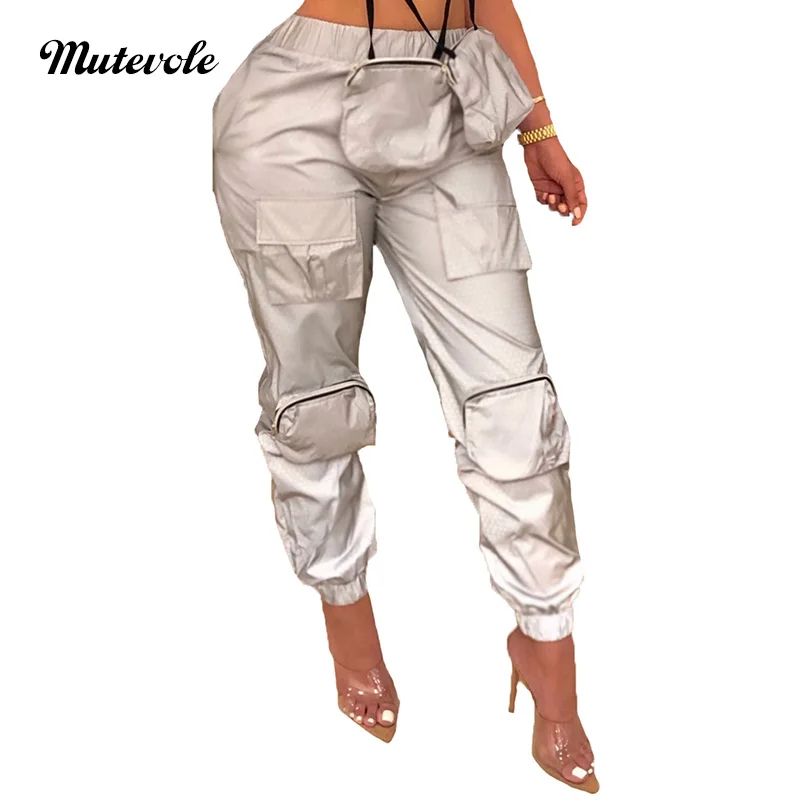 

Mutevole Women Sexy Empire Waist Flash Reflective Pants Fashion Elastic Waist Streetwear Trouser Casual Pocket Cargo Pants