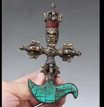 

zhmui88002841019++Old Tibet Fane Bronze Inlay Turquoise Hayagriva Buddha Statue Axe Dagger Holde