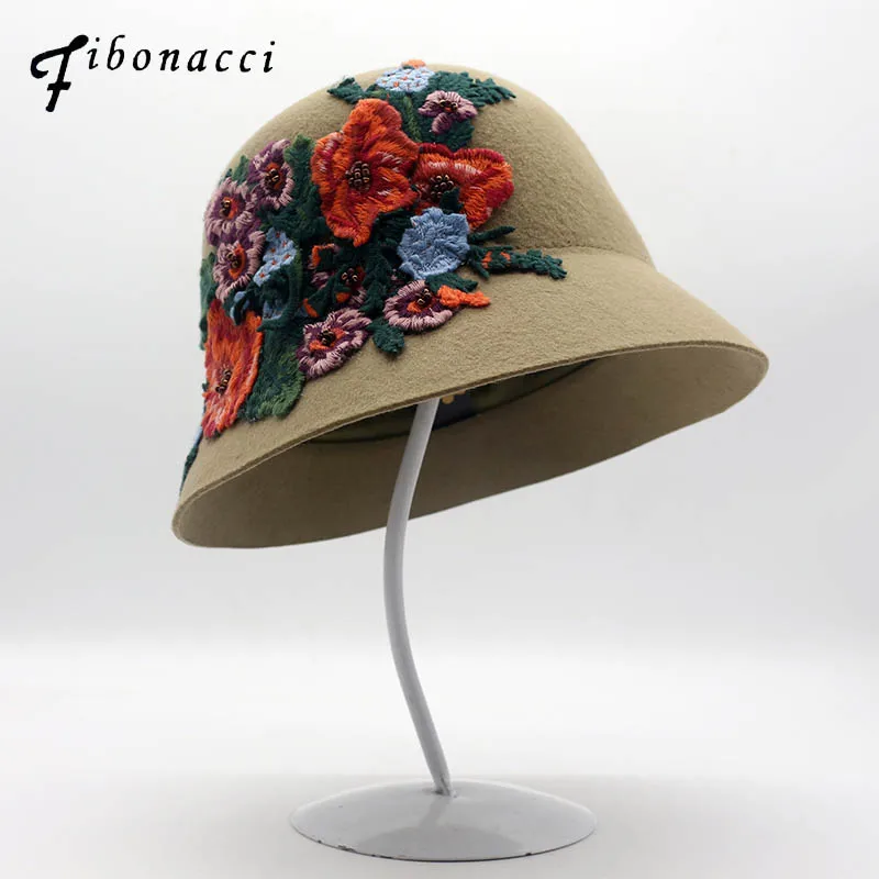Фибоначчи, новинка, шерстяная фетровая шляпа, Национальный стиль, женские фетровые шляпы, ручная вязка, пион, Цветочный купол, Панама, фетровые шляпы для женщин