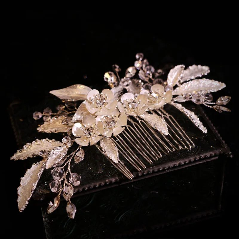 

Fashion Silver Flower Leaf Combs Bridal Hairpins Hair Accessories For Women Wedding Handmade Leaves Crystal Headpiece Jewelry