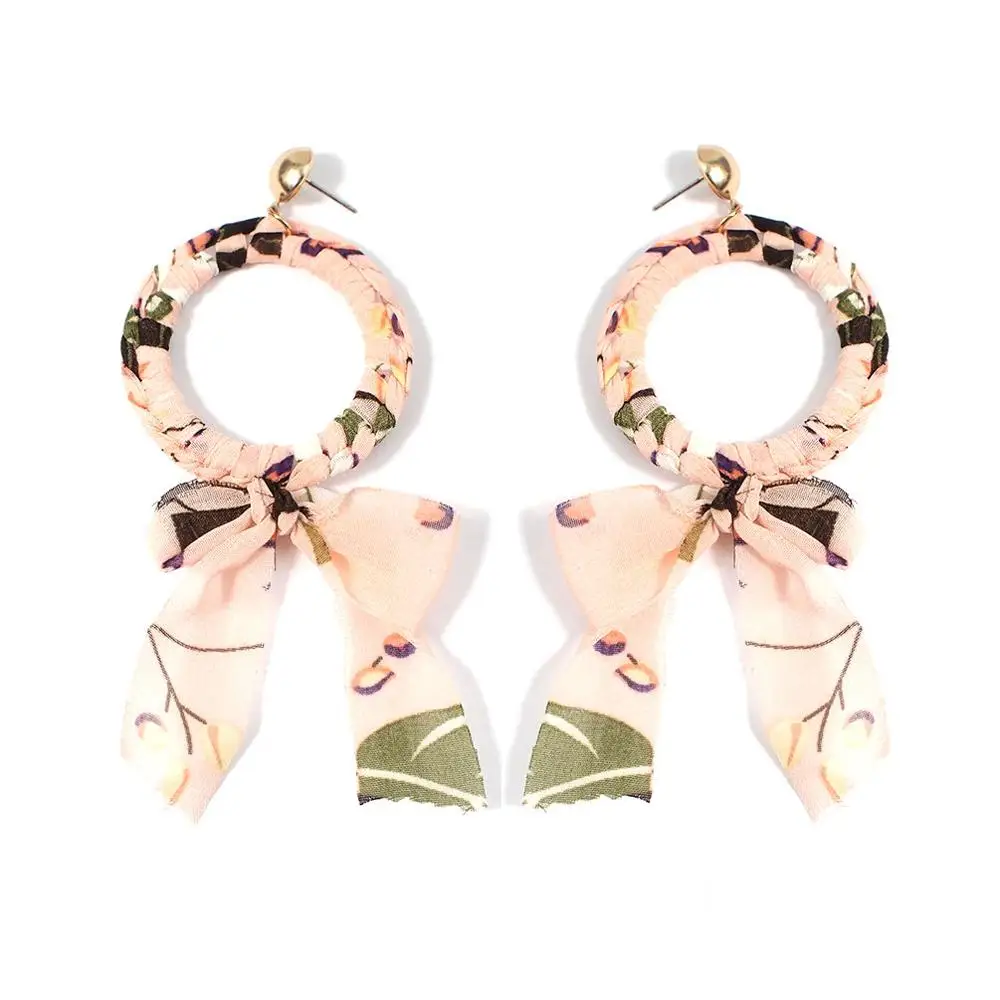 MANILAI, богемное плетение из ленты, круговые висячие серьги, модные очаровательные серьги с бантом, женские темпераментные ювелирные изделия - Окраска металла: pink Earrings