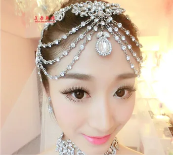 

Korean flower front drop necklace earrings tassel bridal forehead chain full crystal tiara wedding hair accessories