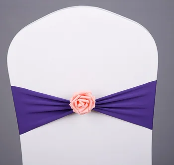 

Purple colour Spandex chair sash with rose ball artifical flower ball chair cover sash lycra stretch fit all chairs wedding