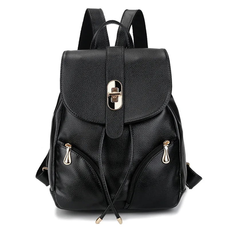 

Tara Sergy fashion women leather school backpack with hasp for Girl solid backpack with drawstring black leather backpack women