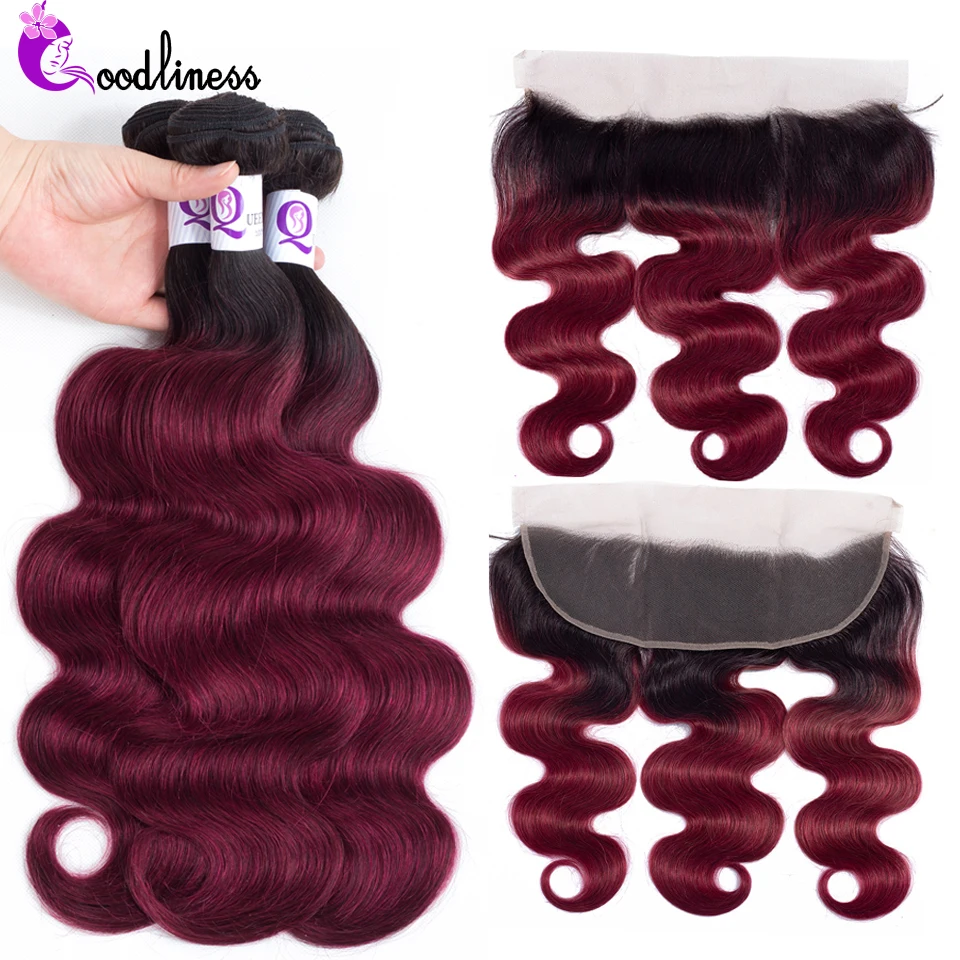 Goodliness 1b/бордовый Ombre волнистые пряди для тела с фронтальной застежкой 2 тона