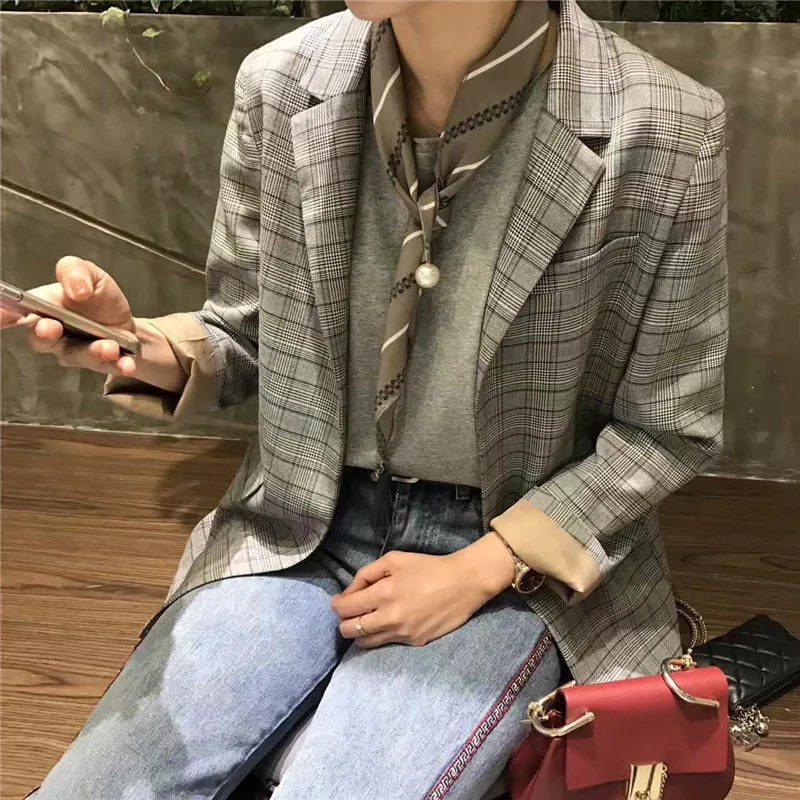 

Hot Selling 2017 new checkered retro fashion high quality lady suit casual suit jacket gray casual double pocket coat A506