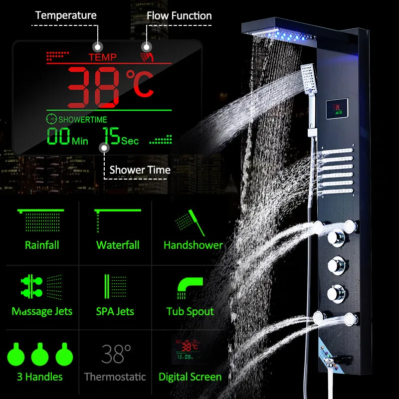 Quyanre Black Hydroelectricity LED Rain Waterfall Shower Panel Massage Spa Jets LCD Digital Display Shower System Shower Column - Цвет: Blackend