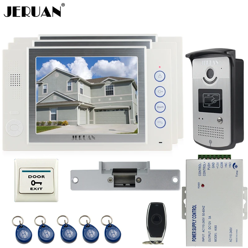 

JERUAN 8`` video door phone Record intercom system kit 3 house Aluminum panel 700TVL RFID Access Camera 8GB SD card