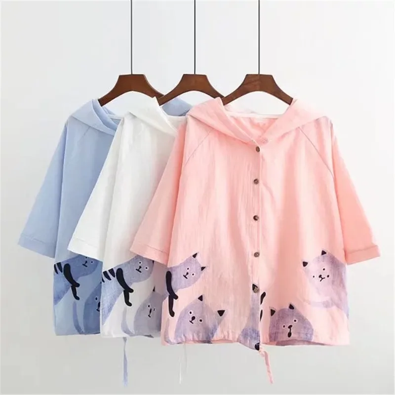 

2018 Summer Cotton And Linen Jacket For Women New Causal Loose Cartoon Printing Hooded Girls Coats Ladies Thin Windbreaker